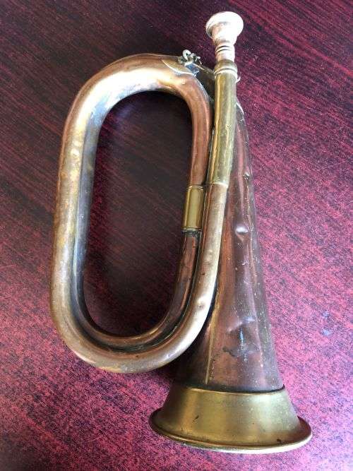 HENRY POTTER and CO MAKERS-ORIGINAL COPPER BUGLE-WITH MILITARY MARKINGS-COMPLETE WITH MOUTH PIECE