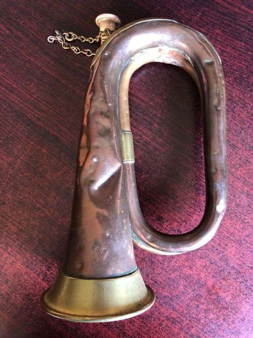 HENRY POTTER and CO MAKERS-ORIGINAL COPPER BUGLE-WITH MILITARY MARKINGS-COMPLETE WITH MOUTH PIECE