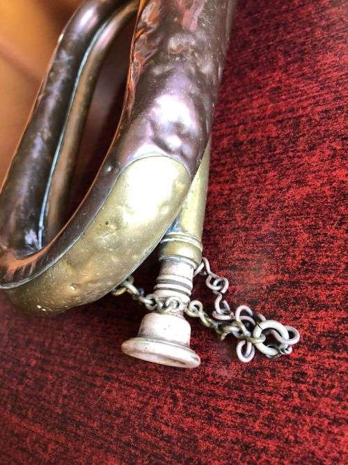 HENRY POTTER and CO MAKERS-ORIGINAL COPPER BUGLE-WITH MILITARY MARKINGS-COMPLETE WITH MOUTH PIECE