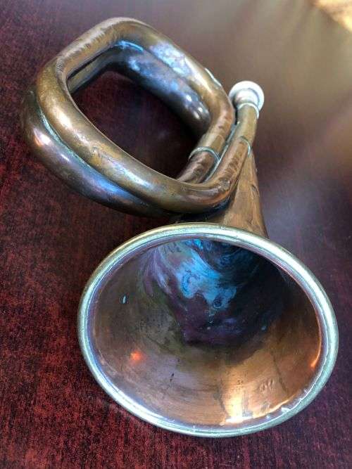 HENRY POTTER and CO MAKERS-ORIGINAL COPPER BUGLE-WITH MILITARY MARKINGS-COMPLETE WITH MOUTH PIECE