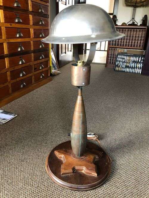WW2 TIN HAT/MORTAR LAMP-TOTAL HEIGHT 72 CM-DIAMETER AT THE BASE 33CM-PERFECT WORKING CONDITION