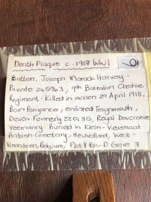 WW1 DEATH PLAUE 1918 WITH INFO ON THE BACK-JOSEPH MARACH HARVEY BATTEN