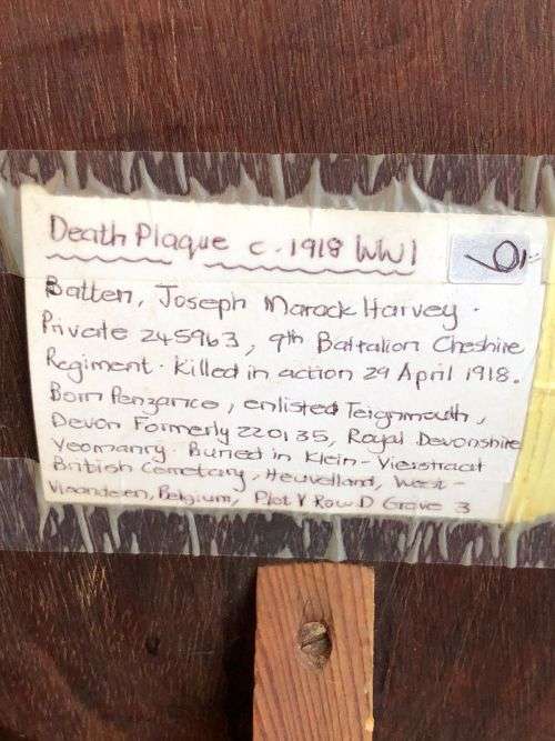 WW1 DEATH PLAUE 1918 WITH INFO ON THE BACK-JOSEPH MARACH HARVEY BATTEN