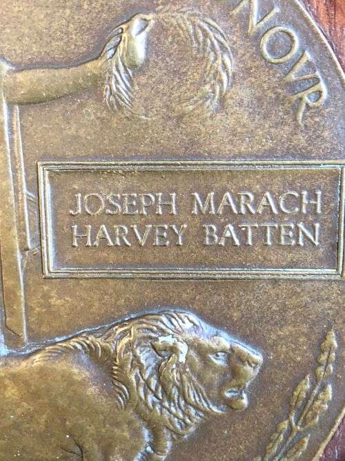 WW1 DEATH PLAUE 1918 WITH INFO ON THE BACK-JOSEPH MARACH HARVEY BATTEN