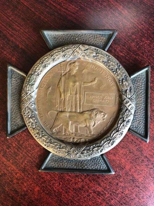 WW1 DEATH PALQUE TO 518 PTE. ARTHUR JOHN GREYLING-NATAL LIGHT HORSE KIA. 27 APRIL 1915 BATTLE OF GIB