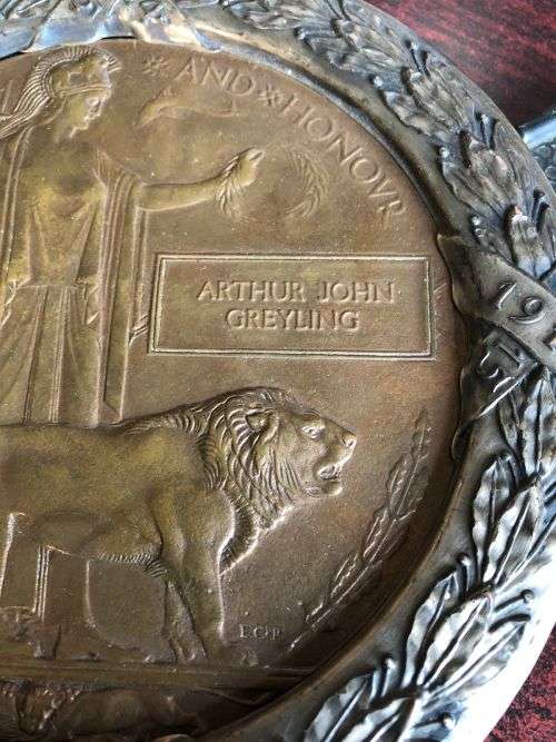 WW1 DEATH PALQUE TO 518 PTE. ARTHUR JOHN GREYLING-NATAL LIGHT HORSE KIA. 27 APRIL 1915 BATTLE OF GIB