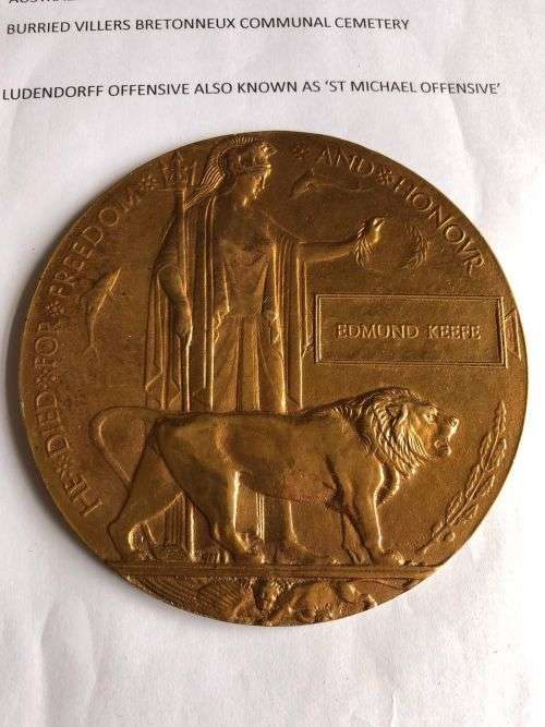WW1 DEATH PLAQUE TO AN AUSTRALIAN EDWARD (EDMUND) KEEFE PTE. 3667-KILLED 12/05/1918 AGED 28-AUSTRALI