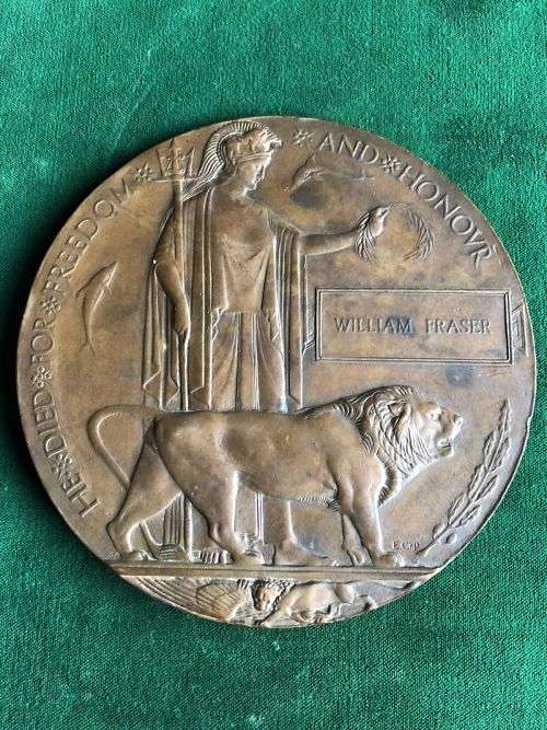 WW1 DEATH PLAQUE TO 7284 PTE. WILLIAM FRASER 3RD SA INFANTRY KILLED IN ACTION 9OCT.1918-CROSSING OF