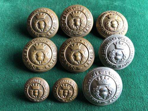 DUKE OF EDENBURGH`S OWN VOLUNTEER RIFLES BUTTONS- 9 SOLD TOGETHER-DIAMETER 25 AND 15 MM