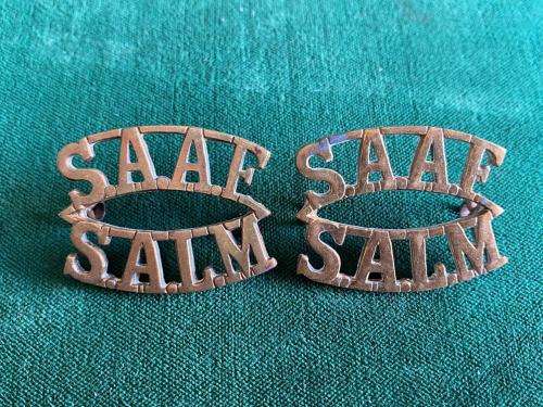 SAAF BRASS TITLE PAIR-WORN 1923-1950-LUGS INTACT