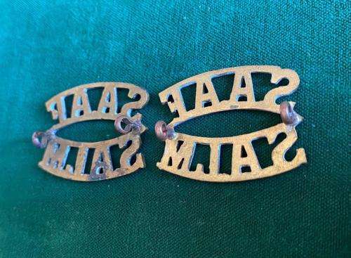 SAAF BRASS TITLE PAIR-WORN 1923-1950-LUGS INTACT