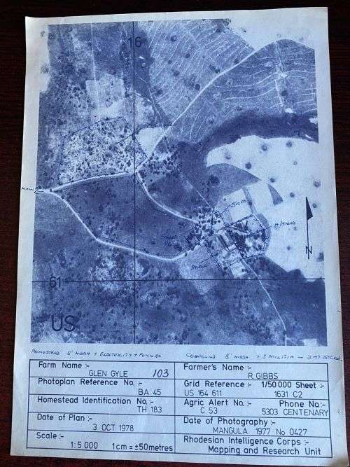PHOTOGRAPHY MAP-RHODESIAN INTELLIGENCE CORPS-FARM GLEN GYLE WITH INFO AT THE BOTTOM-SCALE 1CM 50M