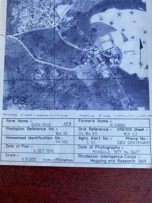 PHOTOGRAPHY MAP-RHODESIAN INTELLIGENCE CORPS-FARM GLEN GYLE WITH INFO AT THE BOTTOM-SCALE 1CM 50M