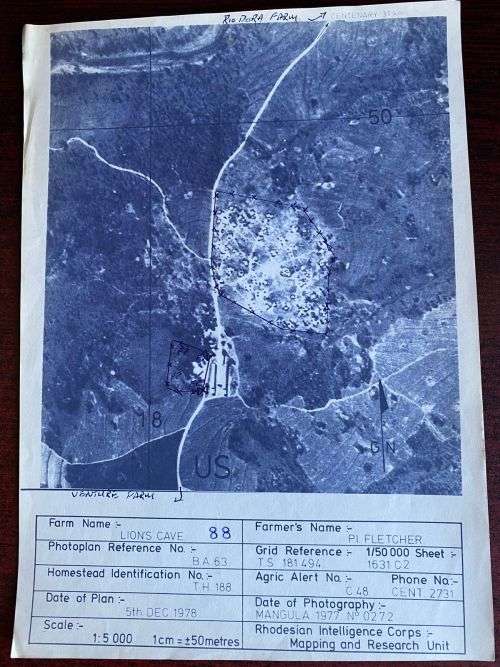 PHOTOGRAPHIC MAP-RHODESIAN INTELLIGENCE CORPS-FARM LIONS CAVE WITH INFO -SCALE 1CM50M