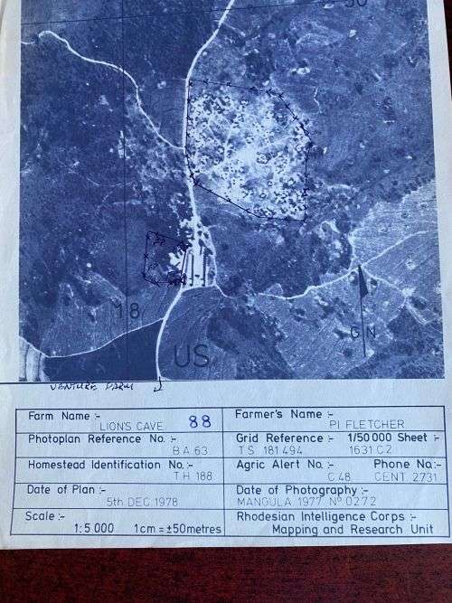 PHOTOGRAPHIC MAP-RHODESIAN INTELLIGENCE CORPS-FARM LIONS CAVE WITH INFO -SCALE 1CM50M