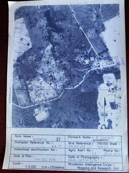 PHOTOGRAPHIC MAP-RHODESIAN INTELLIGENCE CORPS-FARM KENWITH WITH INFO -SCALE 1CM50M