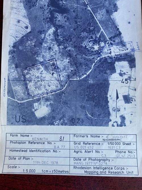 PHOTOGRAPHIC MAP-RHODESIAN INTELLIGENCE CORPS-FARM KENWITH WITH INFO -SCALE 1CM50M