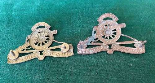 SA ARTILLERY CAP BADGES-WORN 1926-1959-THE ONE WITHOUT LUGS