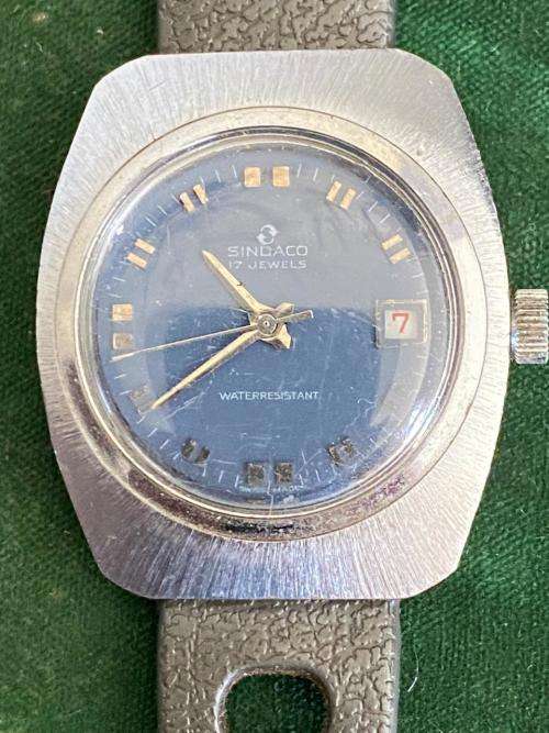 VINTAGE SINDACO 17 JEWELS MENS WATCH-WORKING CONDITION-SWISS MADE MEN`S BLUE DIAL DATE WATCH
