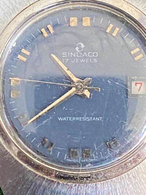 VINTAGE SINDACO 17 JEWELS MENS WATCH-WORKING CONDITION-SWISS MADE MEN`S BLUE DIAL DATE WATCH
