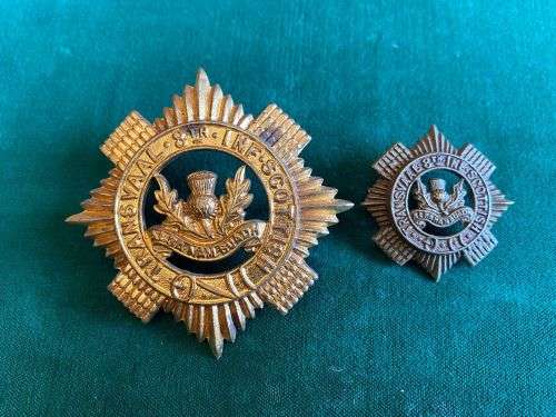 TRANSVAAL 8TH INFANTRY SCOTTISH,CAP AND ONE COLLAR BADGE-WORN FROM 1921-LUGS INTACT