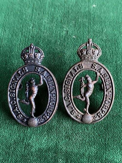 SA CORPS OF SIGNALS COLLAR BADGE PAIR- WORN 1930-1959-LUGS INTACT