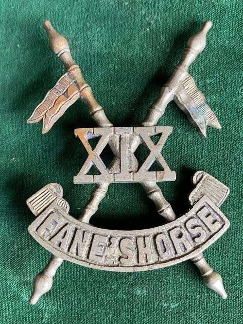 19TH LANCERS (FANES HORSE) BRASS HELMET BADGE-LARGE-MEASURES 104X104MM- 2 LUGS-THE 19TH LANCERS TRAC