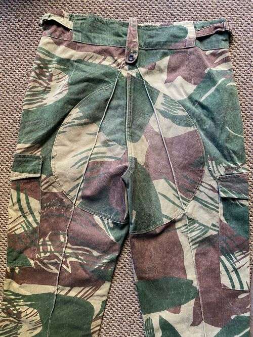 RHODESIAN CAMO TROUSERS-SIZE 34-PIPE LENGTH 73CM-THE ONE WITH POCKETS ON BOTH SIDES AND REINFORCED B