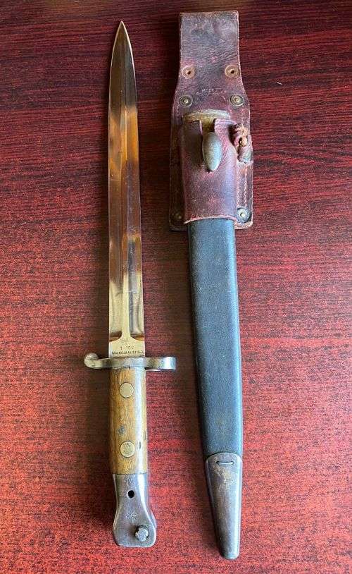 BRITISH 1888 BAYONET,MADE BY SANDERSON FOR THE LEE MATFORD RIFLE-COMES WITH LEATHER SCABBARD AND FRO