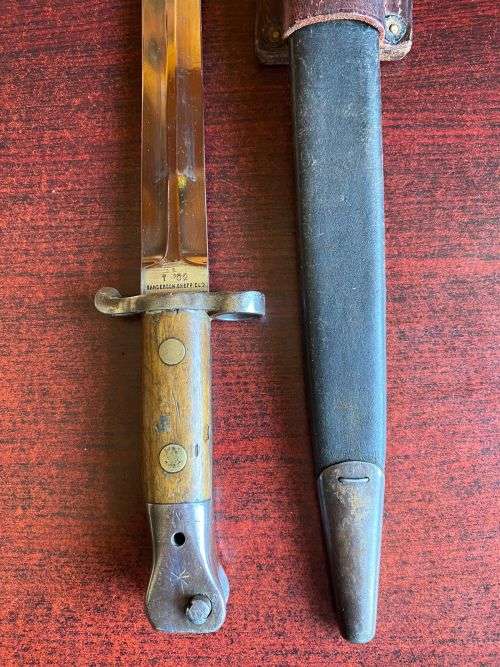 BRITISH 1888 BAYONET,MADE BY SANDERSON FOR THE LEE MATFORD RIFLE-COMES WITH LEATHER SCABBARD AND FRO