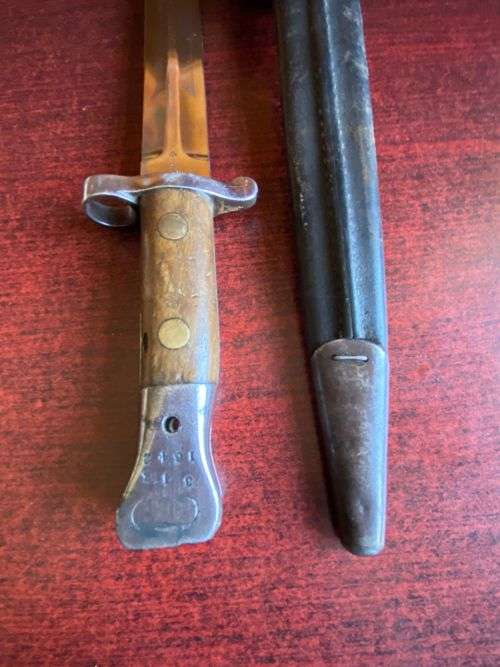 BRITISH 1888 BAYONET,MADE BY SANDERSON FOR THE LEE MATFORD RIFLE-COMES WITH LEATHER SCABBARD AND FRO