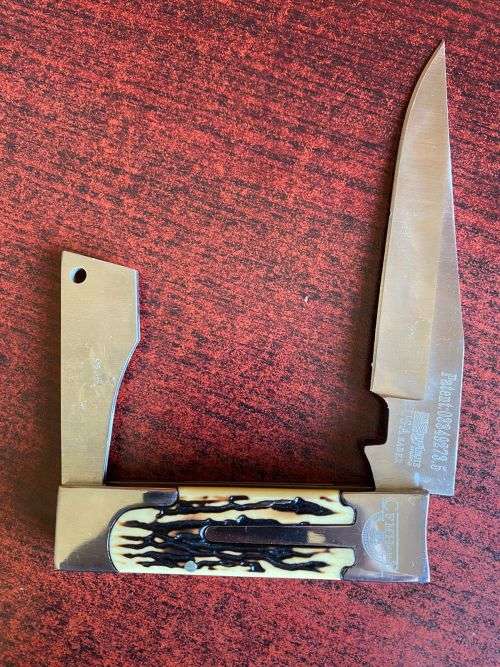 CFMH MARKINGS USA SABER,FOLDING KNIFE,WITH BONE INLAY HANDLE IN SHEATH-EXTENDED LENGTH 275MM