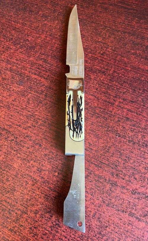 CFMH MARKINGS USA SABER,FOLDING KNIFE,WITH BONE INLAY HANDLE IN SHEATH-EXTENDED LENGTH 275MM