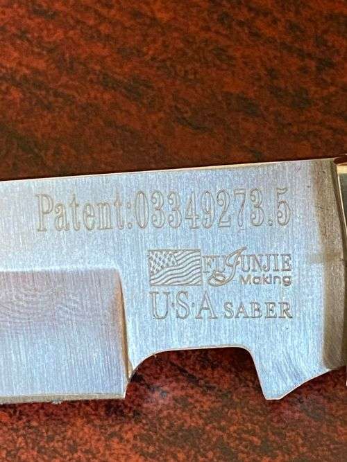 CFMH MARKINGS USA SABER,FOLDING KNIFE,WITH BONE INLAY HANDLE IN SHEATH-EXTENDED LENGTH 275MM