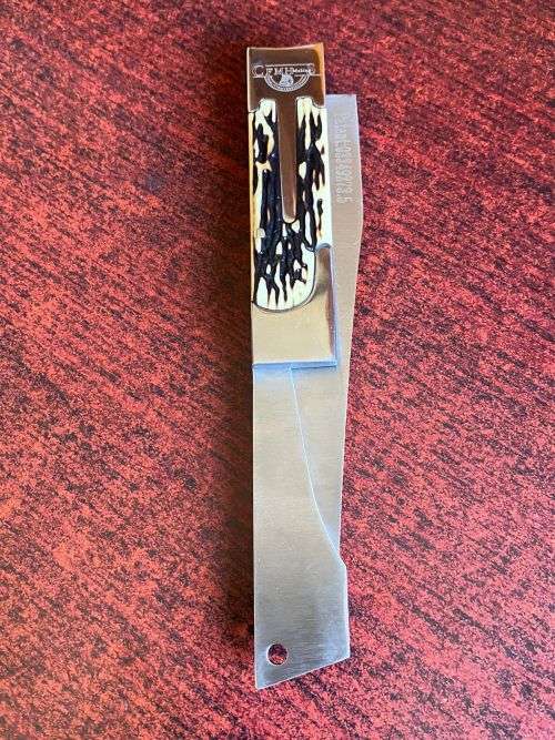 CFMH MARKINGS USA SABER,FOLDING KNIFE,WITH BONE INLAY HANDLE IN SHEATH-EXTENDED LENGTH 275MM