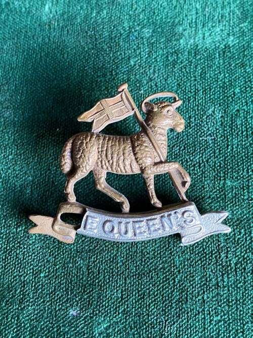 BRITISH QUEENS REGIMENT COLLAR BADGE-1890`S-1920- 2 LUGS