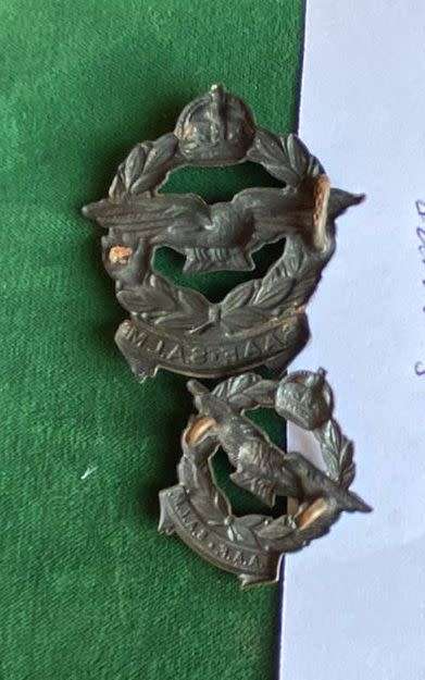 SAAF BLACKENED BRASS CAP AND ONE COLLAR-WORN 1930`S-1950`S-LUGS ON CAP DAMAGED