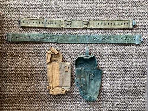 RHODESIAN WEBBING- 2 X WEBBING BELTS -EXTENDED LENGTH 116CM AND 110 CM-SOLD WITH 2X AMMO POUCHES-ONE