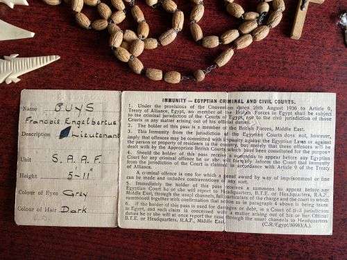 INTERESTING 1943 WW2 ID CARD OF LIEUTENANT F.E. BUYS AS WELL AS OTHER PERSONEL ITEMS,BROUGHT BACK FR