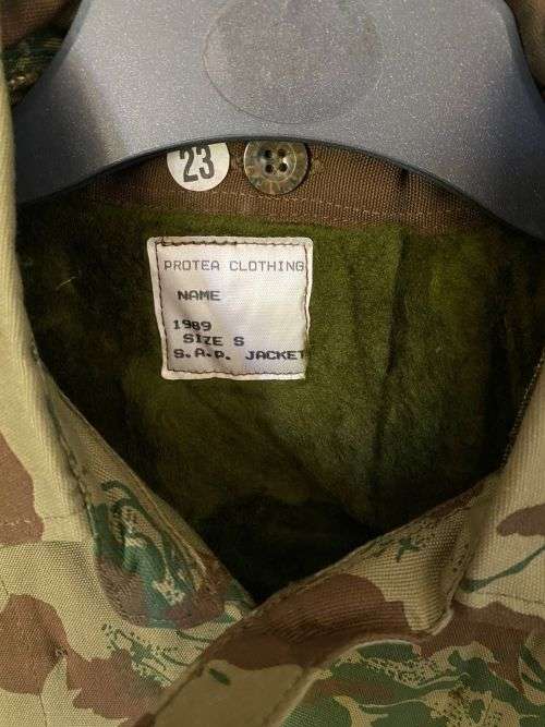 POLICE TASK FORCE 2ND PATTERN CAMO BUSH JACKET-LABELLED AND DATED 1989-MADE BY PROTEA SIZE SMALL BUT