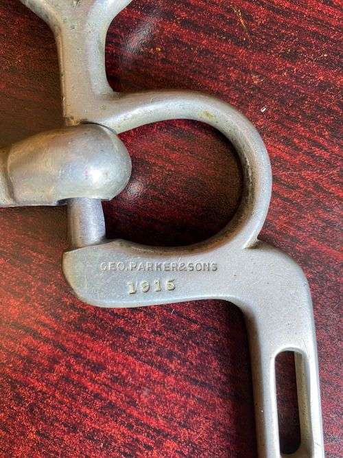 RARE WW1 SOLID NICKEL HORSE BIT MANUFACTURED BY GEO PARMER & SON-DATED 1915-SERIAL 1997