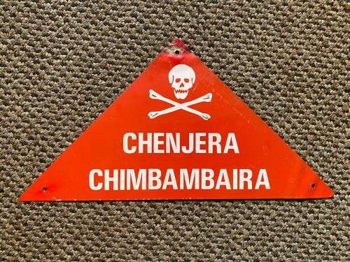 RHODESIAN BUSH WAR(1964-80)MINE FIELD SIGN-RARE ORIGINAL SIGN ATTACHED TO THE PERIMETER FENCE OF A C