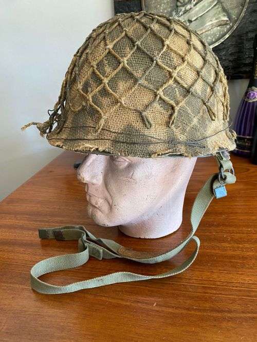 SADF PERIOD `STAALDAK` THIS HELMET COMES WITH CAMO NETTING AND 2 ATTACHMENT POINTS FOR CHIN STRAP -E