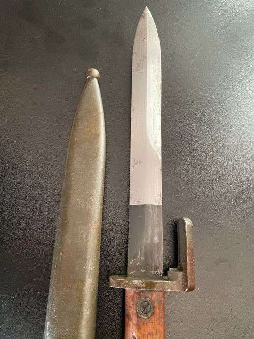 FN FAL BAYONET WITH METAL SCABBARD AND WOODEN GRIPS- GOOD CONDITION