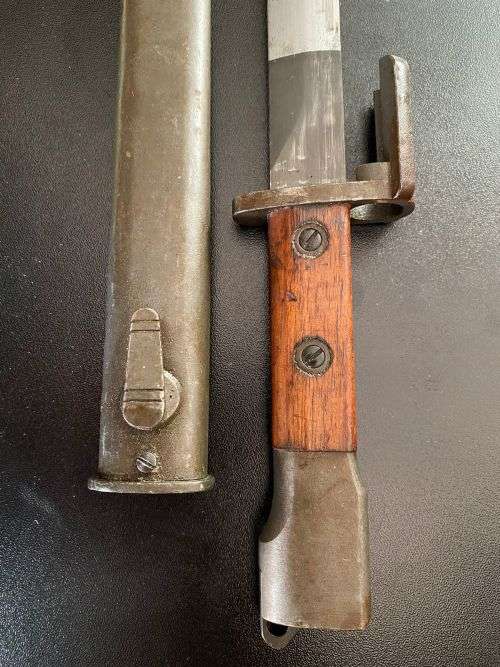 FN FAL BAYONET WITH METAL SCABBARD AND WOODEN GRIPS- GOOD CONDITION