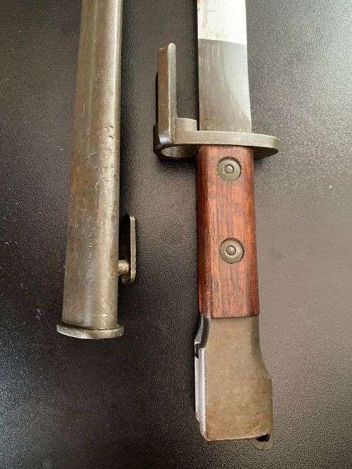 FN FAL BAYONET WITH METAL SCABBARD AND WOODEN GRIPS- GOOD CONDITION