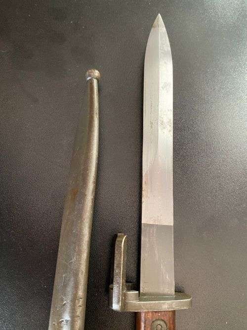 FN FAL BAYONET WITH METAL SCABBARD AND WOODEN GRIPS- GOOD CONDITION