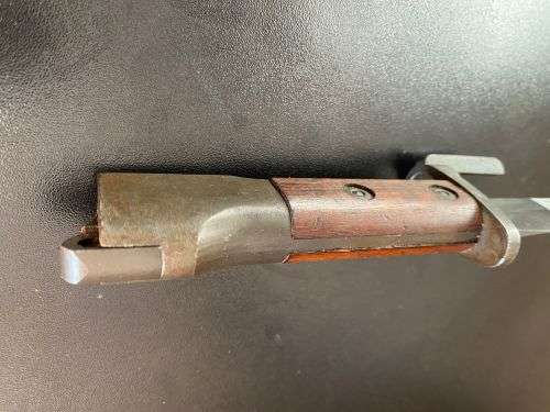 FN FAL BAYONET WITH METAL SCABBARD AND WOODEN GRIPS- GOOD CONDITION