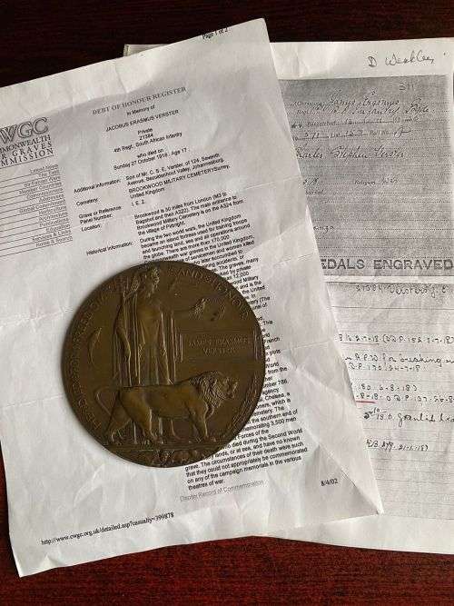 WW1 DEATH PLAQUE-JAMES ERASMUS VERSTER-1ST SAI NO 21384-DIED ON SERVICE UK 27/10/1918-COMES WITH 3 P