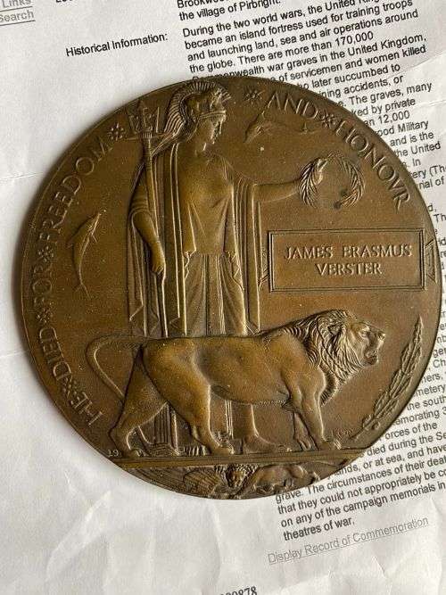 WW1 DEATH PLAQUE-JAMES ERASMUS VERSTER-1ST SAI NO 21384-DIED ON SERVICE UK 27/10/1918-COMES WITH 3 P